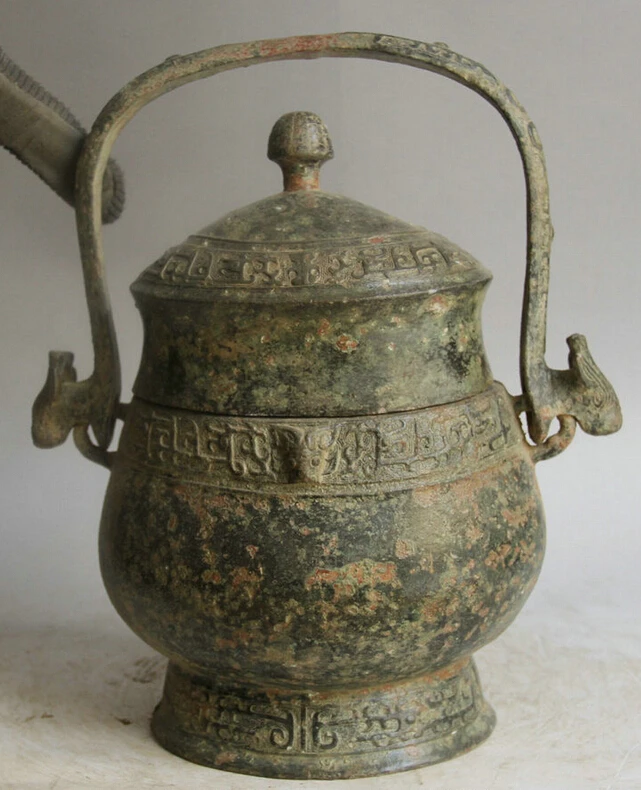 

song voge gem S2188 13" Old Chinese Bronze Folk Beast Head portable food vessel Pot Jar Crock kettle
