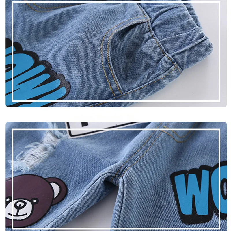 5 Fall & Winter Boys Pants Cartoon Jeans Boy Jeans Ripped Broken Holes Kid Denim Pants Trousers Cotton Elastic Waist Boy Clothing