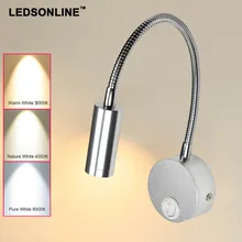 LEDSONLINE 3W LED Wall Sconce Lamp Silver Spotlight Reading Light Soft Light Gooseneck Flexible Pipe Light with Switch Aluminum