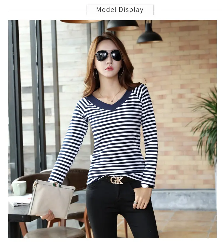 2019 Fashion Green Striped Tops Tees Women Casual Plus Size T-shirt V-neck Long Sleeve Raya Camisetas Mujer Autumn Tshirt Women (7)
