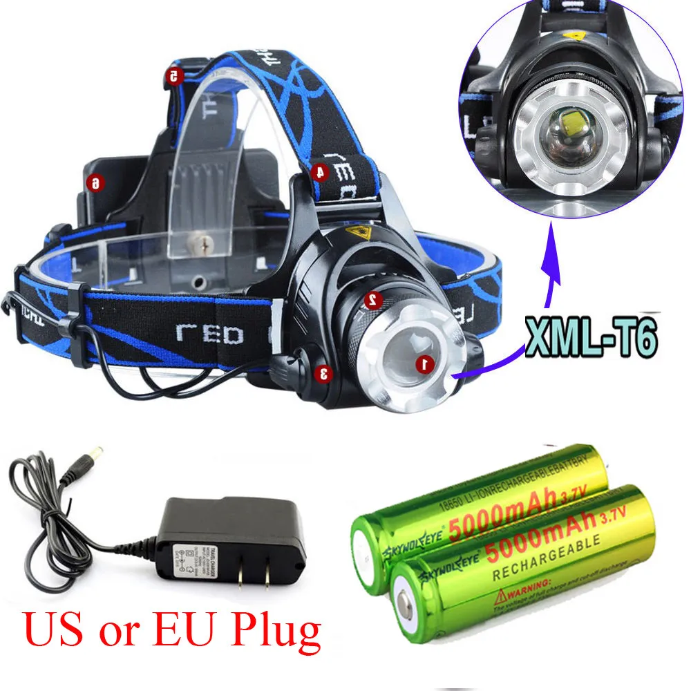 2000Lm XML T6 светодиодный налобный фонарь с зумом фары велосипеда налобный фонарь 2*18650+ AC Зарядное устройство