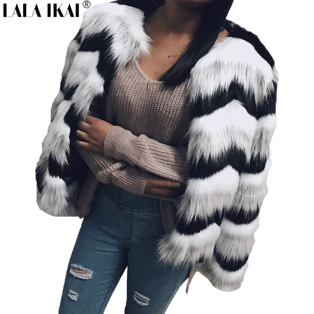 2018 Winter Brand Women Faux Fur Zebra Color Coat Long Sleeve Trendy