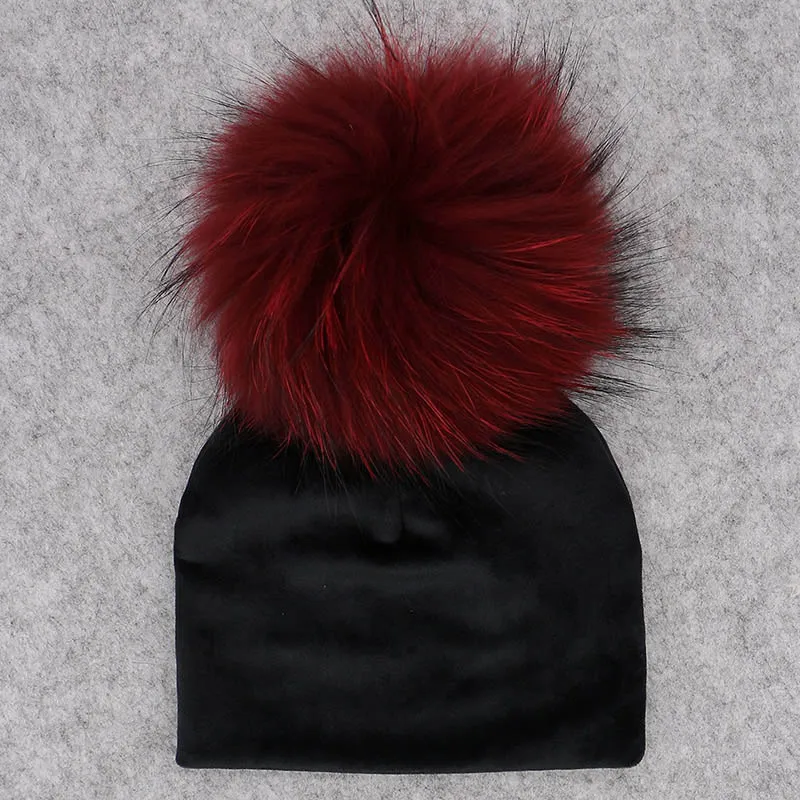 GZHILOVINGL Real Fur Pom Pom Baby Girls Boys Hat Warm Winter Knitted Velvet Hat Toddler Kids Soft Thick Flannel Beanies Pompoms - Цвет: black No23