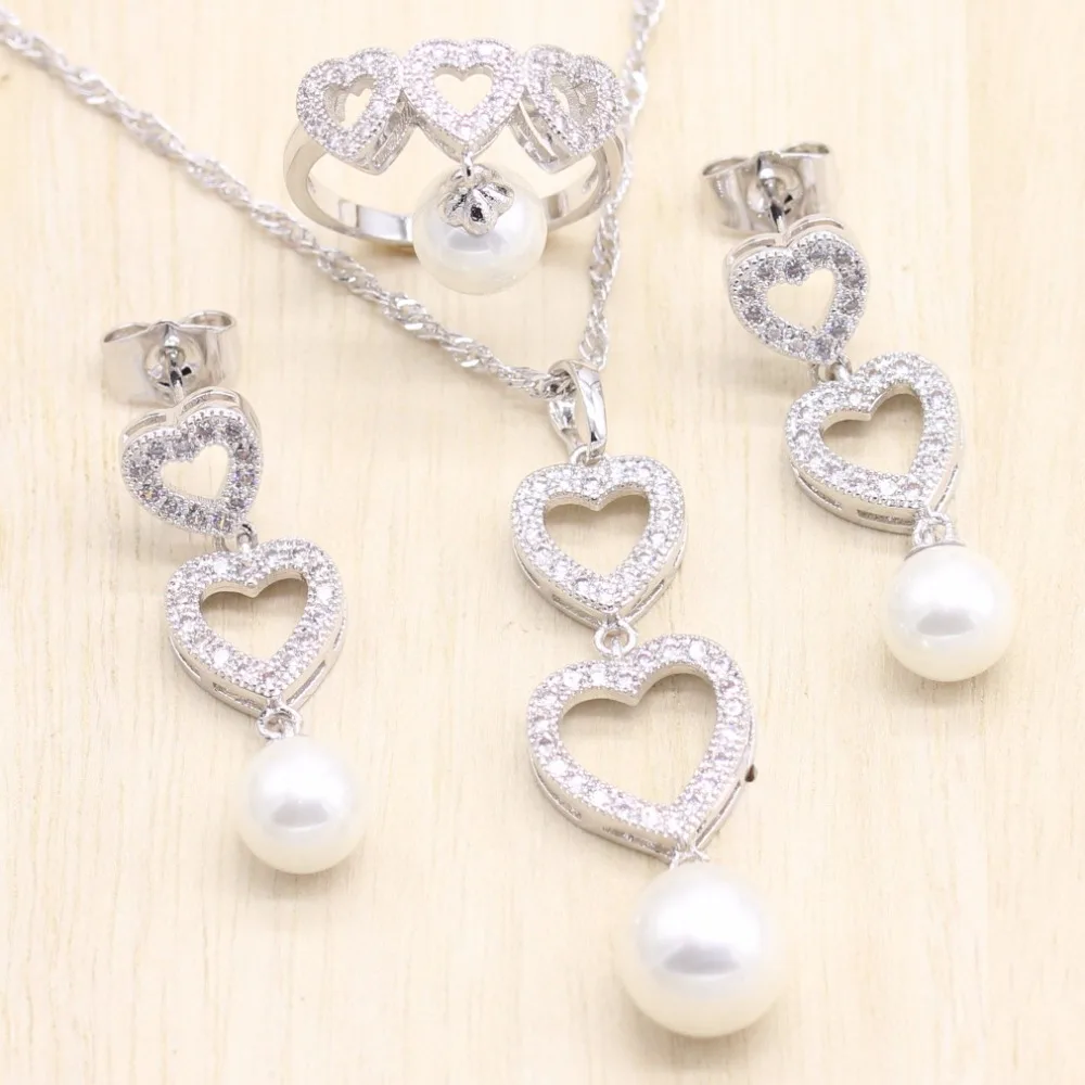 

925 Sterling Silver Pearl Jewelry Sets White CZ Jewelry Ring Long Stud Earrings Pendant Jewelry Gift For Women