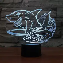 3D Led 7 цветов градиенты Творческий Акула серфинг моделирование настольная лампа Usb ночник Спальня прикроватной тумбочке животных украшения