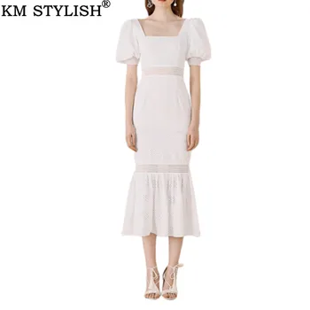 

French Vintage Women's Puff Sleeve Square Collar White Lace Dress Summer Bag Hip Fishtail Long One-piece Dress