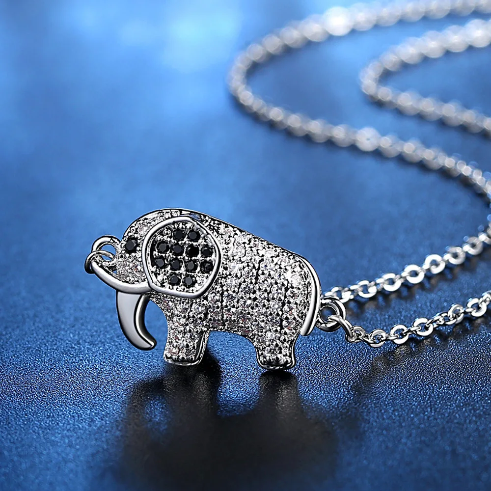 Three dimensional Sparkling good luck elephant pendant silver necklace
