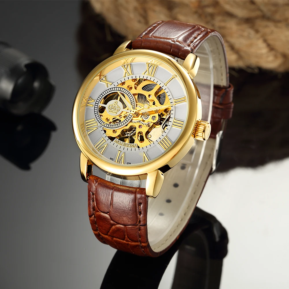 

MG.ORKINA MG Men Watches Top Brand Luxury Gold Skeleton Watches Brown Leather Band Mechanical Hand Wind Watch reloj hombre 2018