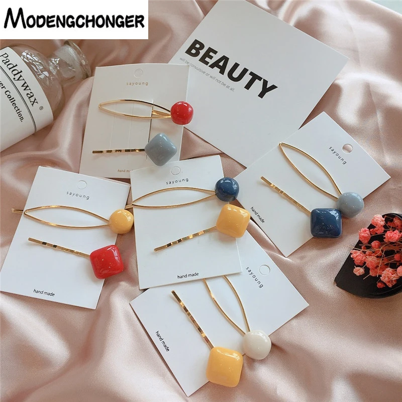 

2pcs/set For Women Metal Hairpin Barrette Colorful Beads Hair Clips Irregular Hairgrips Geometric Styling Girls Hair Accessories