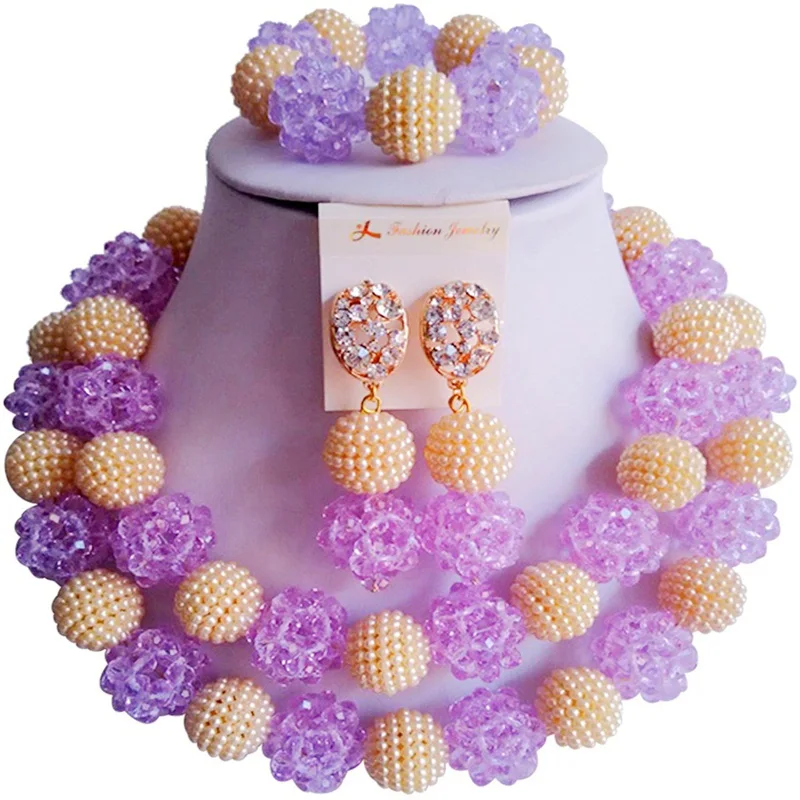 

Trendy Crystal Beige Lilac Women and Girls Party African Beads Neckalce Earrings Sets 2C-ZZSJ-62