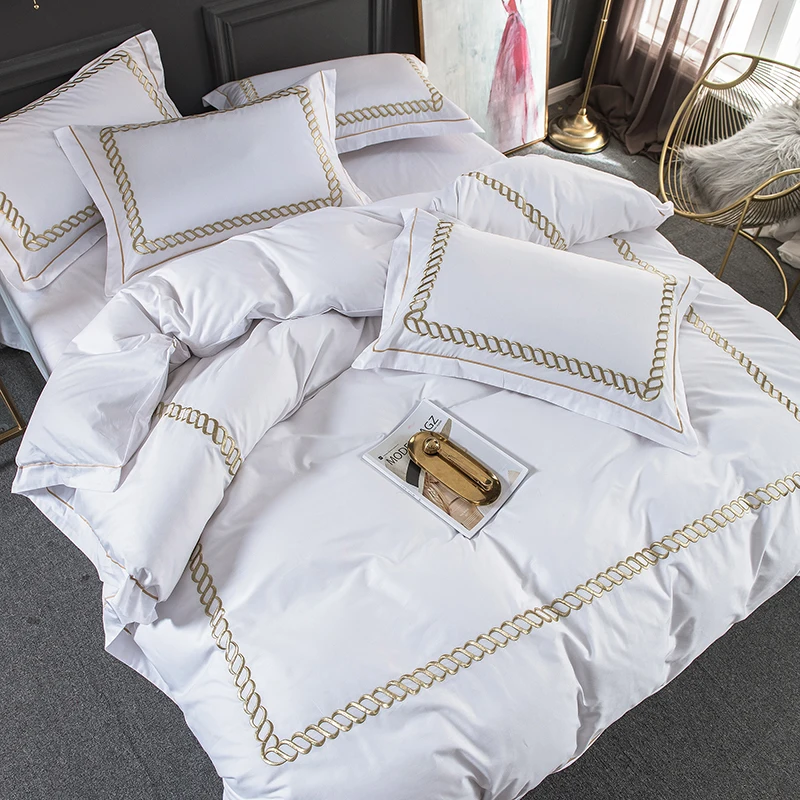 White Cotton Luxury Hotel/home Bedding Set King Queen Size Bed Set Bedsheets Linen Set Embroidery Duvet Cover Pillowcase #sw