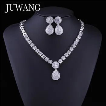 

JUWANG New Fashion Women Wedding Jewelry Sets AAA Cubic Zircon Round Necklace Stud Earring For Lover Brides Jewellry Gift