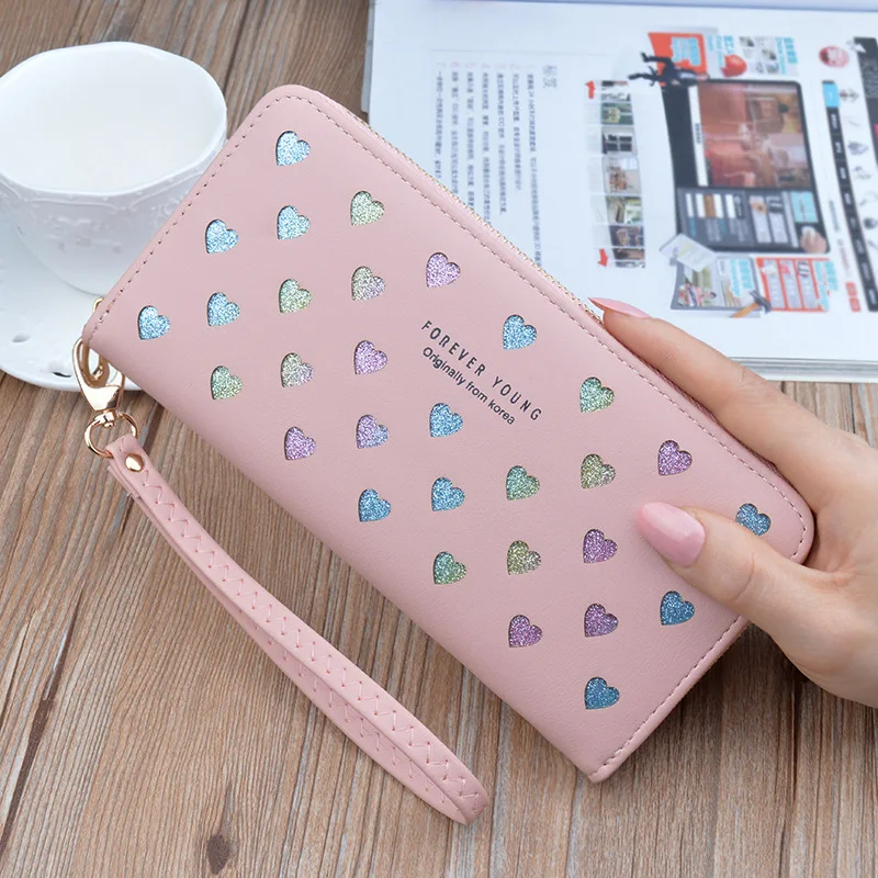 Leather women's wallet New cute Love color hollow large capacity Purses women Solid color purses Long Love zipper female wallet