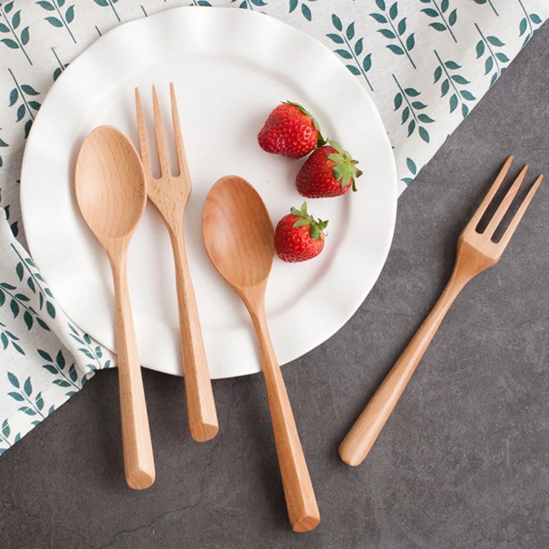 2Pcs Wooden Spoon Fork Cutlery Set Soup Spoon Salad Fork Portable
