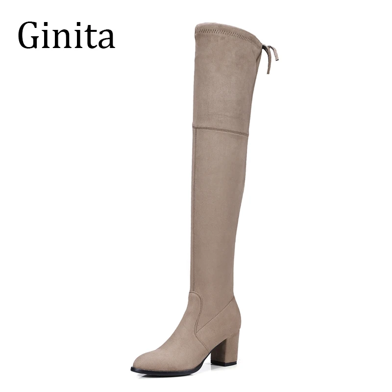 

Ginta Over The Knee High Boots Woman Flock Chunky High Heels Lace Up Women's Long Boots Black Slim Shoes Boots Ladies 7 colors