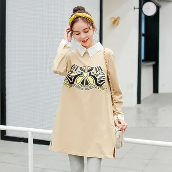 

Maternity Women Turn-down Neck Long Sleeve Casual Dress New Moms Patterned Loose Fit Slit Hem Pullover Fashion Blouses Dresses