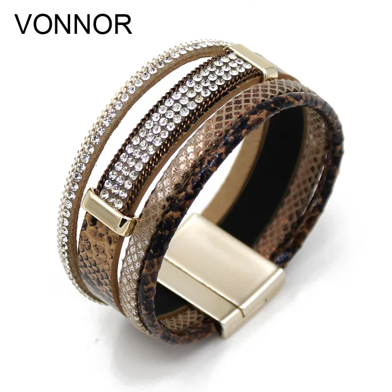 Women Leather Bangles Bracelets Multilayer Snake Pattern Rope Chain Rhinestone Wrap Bracelet Women Jewelry 2017 new triple leather wrap bracelet for women fancy stone handmade multilayer czech glass beads leather rope jewelry