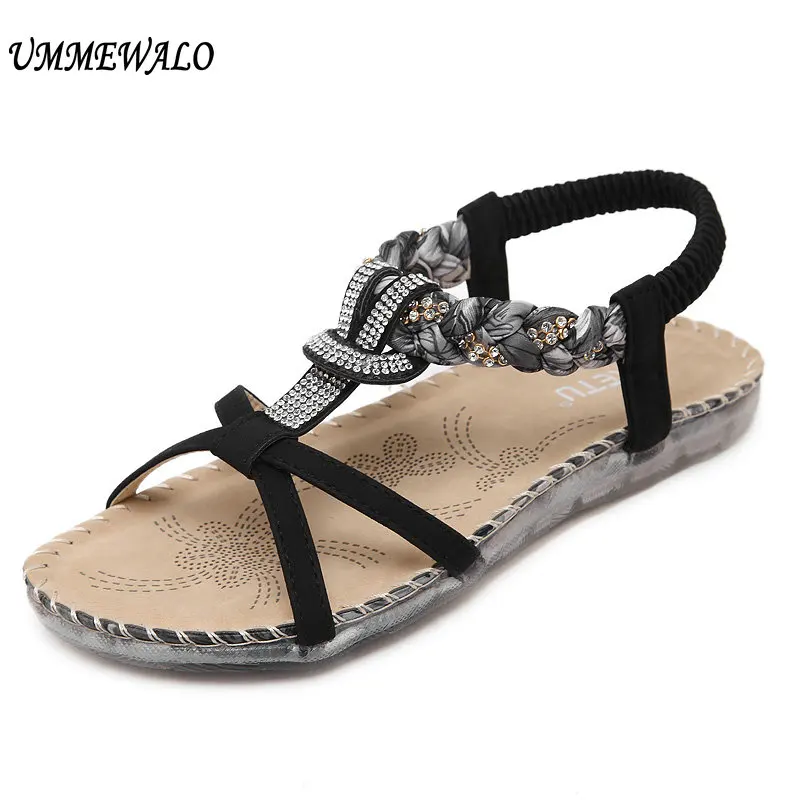 UMMEWALO Sandals Women Thong Flat Strappy Sandals Designer Flowers Rhinestone Gladiator Sandal 