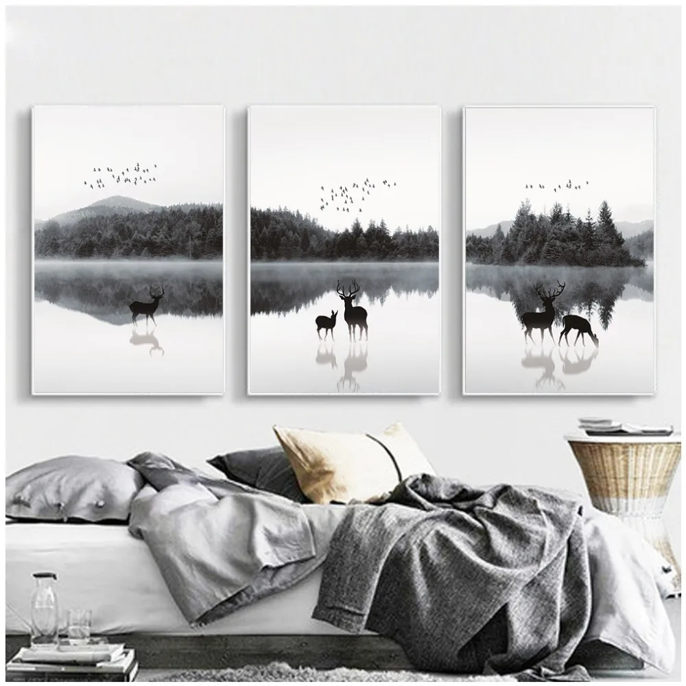 

HD Print Modern Black and white Forest Canvas Art Painting Poster And Print Deer Art Wall Picture For Living Room Wall Decor