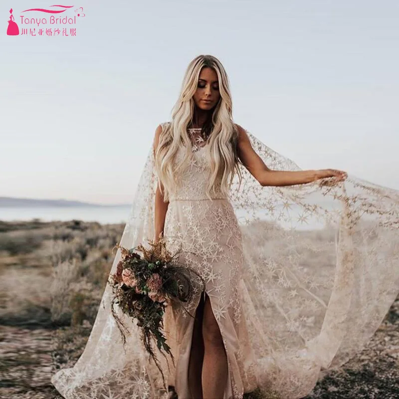 

Swooning Dazzling Wedding Dresses Awesome Floral Print Star Bridal Gowns With Cape Bohemian Country Vestido De Noiva ZW124