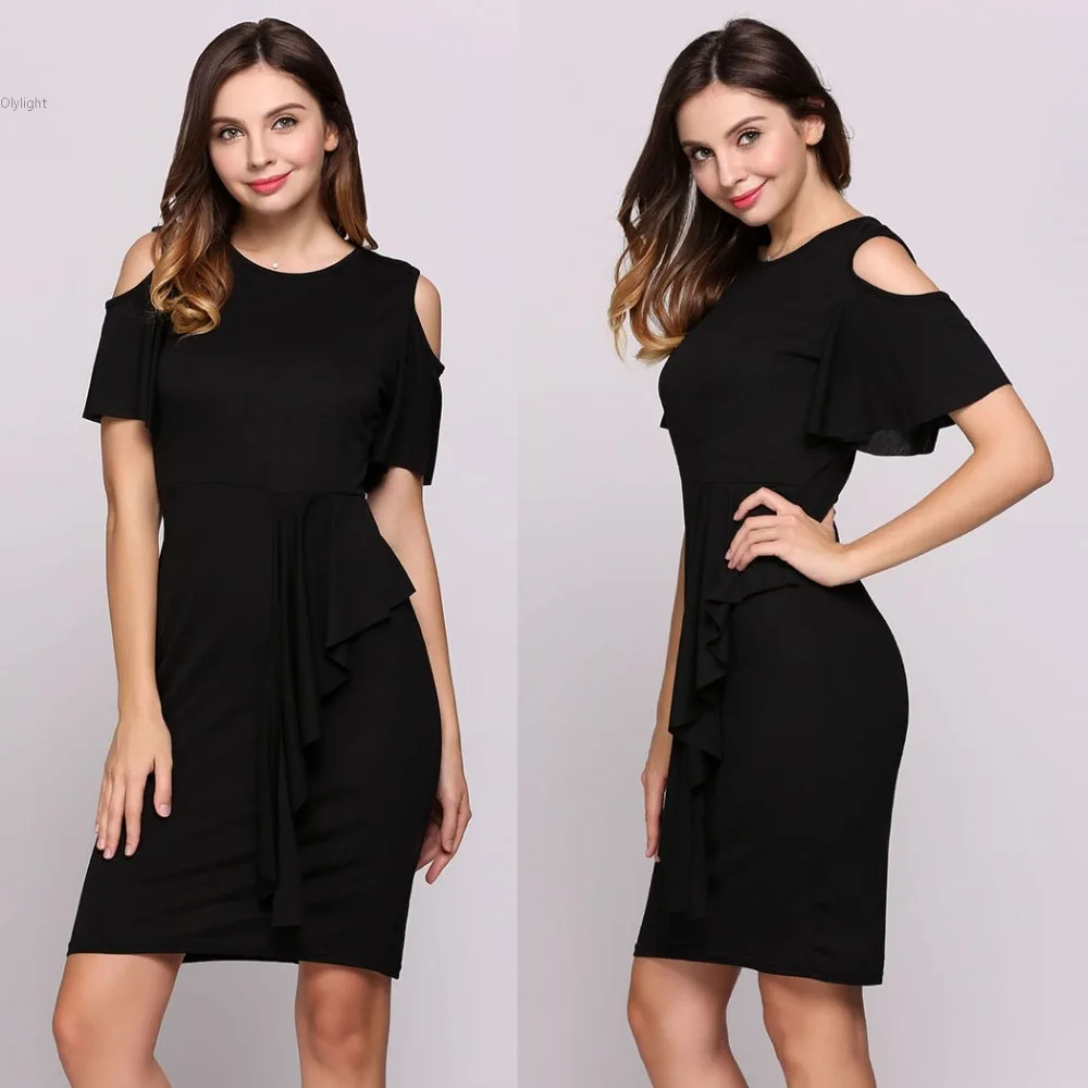 Women Dress Solid Cold Shoulder O Neck bell Sleeve Dress Casual Elegant