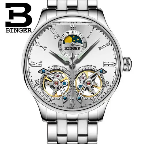 Двойной Tourbillon, швейцарские мужские часы, BINGER, оригинальные автоматические часы, мужские Модные механические наручные часы, кожаные часы - Цвет: Silv white B8606A st