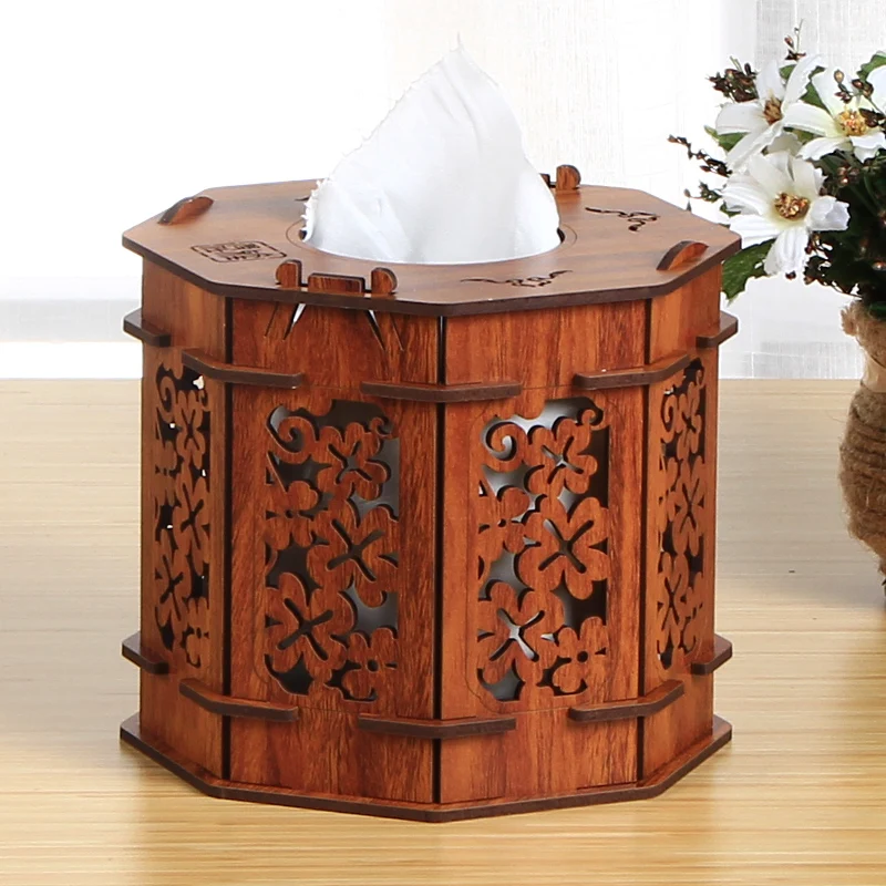 

Chinese household retro round paper towel roll paper box sitting room table wood tissue box toilet paper box