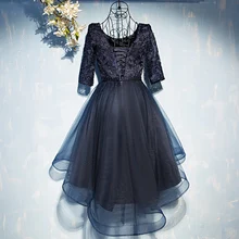 DM Schwarz Hallo Low Prom Kleider 2017 Drei Viertel Ärmeln ein line frauen party abend formale kleid graduation cocktail dress VESTIDO