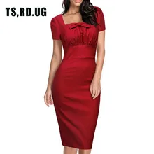 

TSRDUG Vintage Women Chic Bow Fitted Pencil Dress Tunic Pleated Elegant Party Formal Office Retro Sheath Dresses Summer 2018