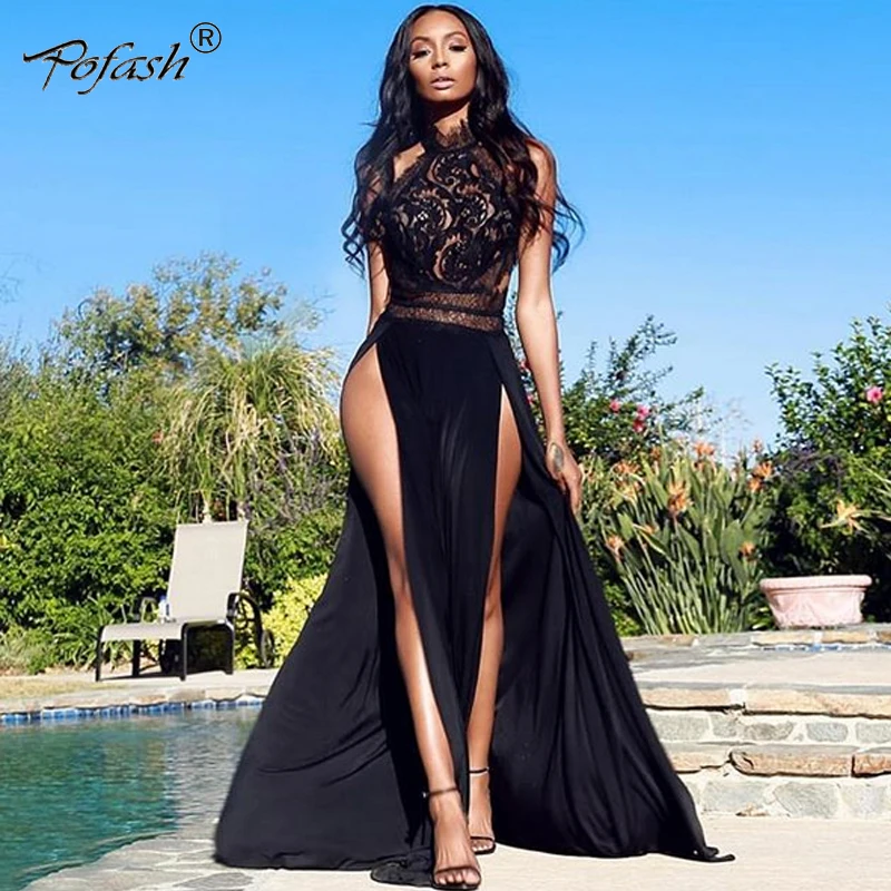 

POFASH Boho Deep V Neck Backless Long Women Dress Lace Split Cross Lace Up Summer Dress Sleeveless Beach Maxi Dress Vestidos