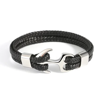 Genuine Leather Anchor Stainless Steel Bracelets & Bangles Male Jewelry 215m Length Men Bracelet Gift For Dad