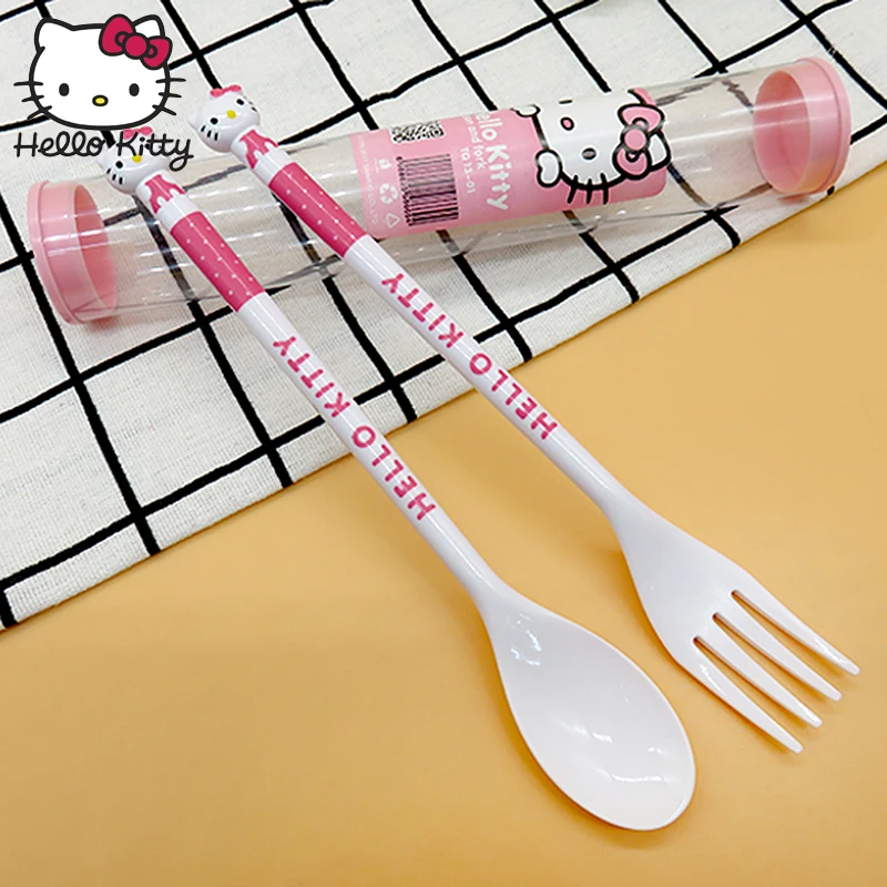 

2 Pcs/Set Cartoon Hello Kitty Portable Tableware Lunch Kawaii Cutlery Plastic Dinnerware Tableware Cutlery Fork For Kids