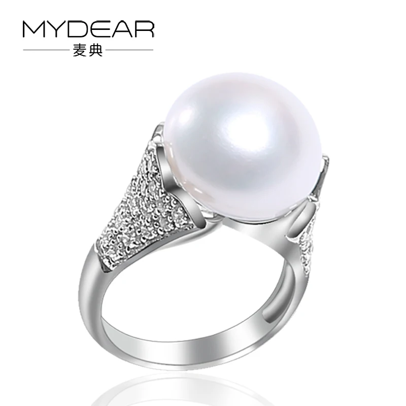 

MYDEAR Fine Pearl Jewelry The Newest 925 Silver Pearl Rings 13-14mm White Big Cultivation Freshwater Pearl Rings For Women