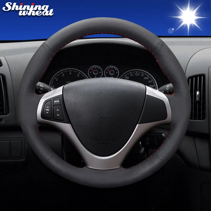 Shining Wheat Black Genuine Leather Car Steering Wheel Cover For