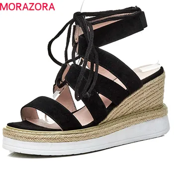 

MORAZORA 2020 new suede leather summer shoes simple solid lace up elegant wedges high heels shoes fashion party weding shoes