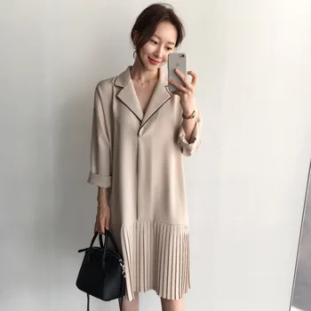 

Fake two pieces set Romantic French Style V Collar Campus Sweet Pleated Dress Women Long Sleeved Apricot Knee-length Dresses