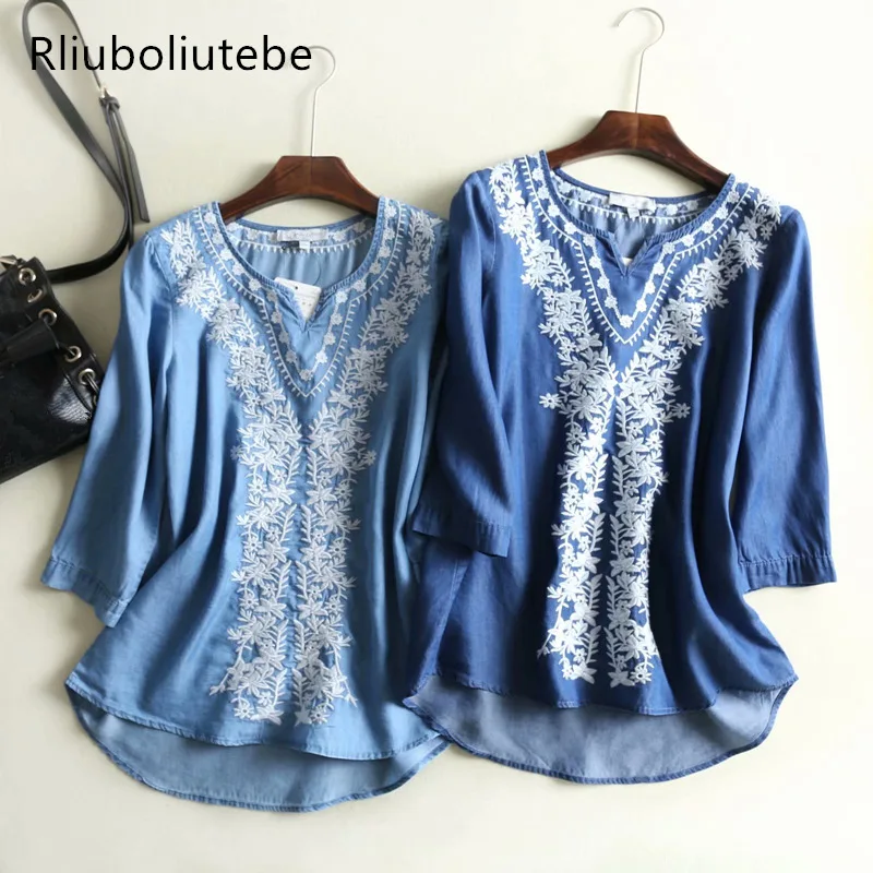 

floral embroidery women denim blouse soft jeans shirt half sleeves v neck light blue flowers casual loose vintage tops blusas