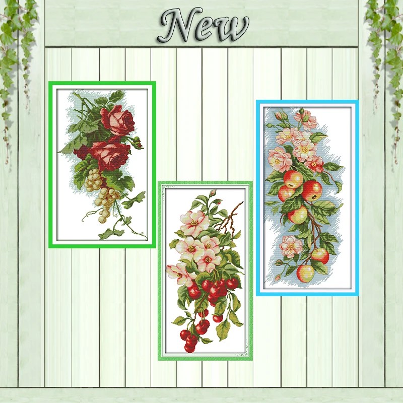 

Flowers apples Cherry fruit Grapes rose painting counted print on canvas DMC 11CT 14CT Cross Stitch kit needlework Set embroider