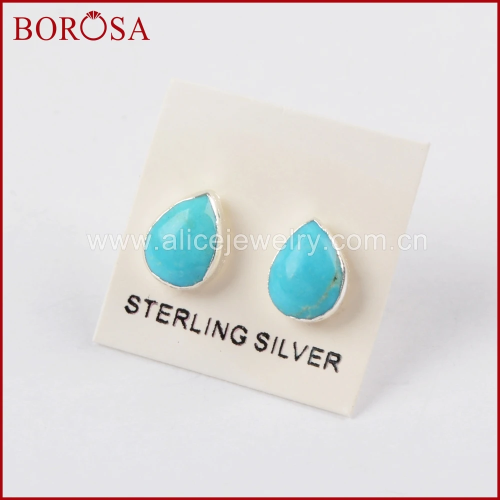 BOROSA Pure Silver Drop Shape 100 Natural Blue Stone Druzy Stud