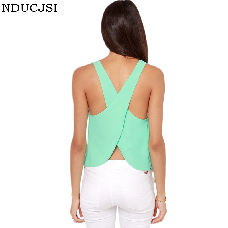 NDUCJSI 2018 Summer Sexy Tops for Women 2018 Casual Chiffon Crop Top Candy Solid Color Backless Short Tank Top Women's Clothing