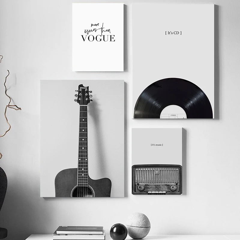 

Nostalgic black and white guitar radio CD music equipment Wall Art Canvas Print Painting Decorative Picture Room Decoration