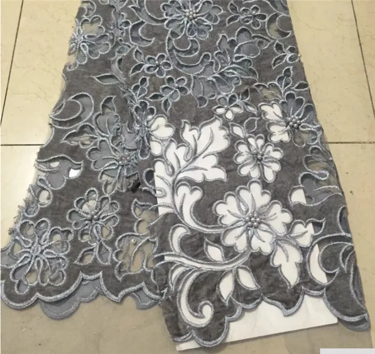 

Gray Nigerian French Lace Fabrics 2018 African Beaded velvet Tulle Lace Fabric High Quality African Lace Wedding Fabric For Dres