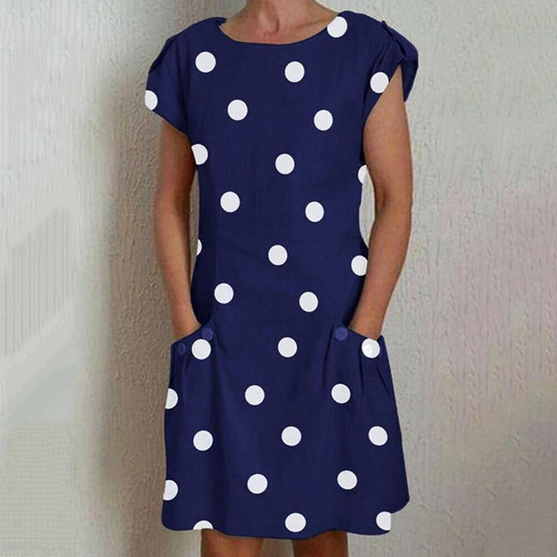 Hot Womens Popular Polka Dot Dress Short Sleeve Pocket Midi Dress Multicolor Casual Ladies Work Office Party Dress Crew Neck