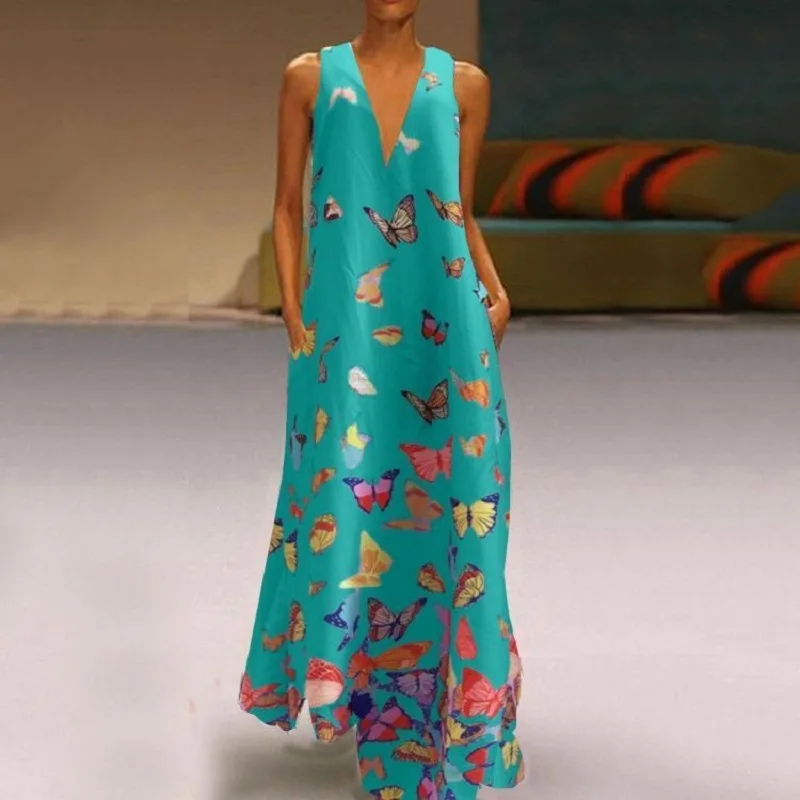 VIEUNSTA, женское винтажное длинное платье с v-образным вырезом и принтом бабочки,, бохо, без рукавов, с карманами, летнее платье, повседневное, свободное, Пляжное, макси платье - Цвет: 03 Green
