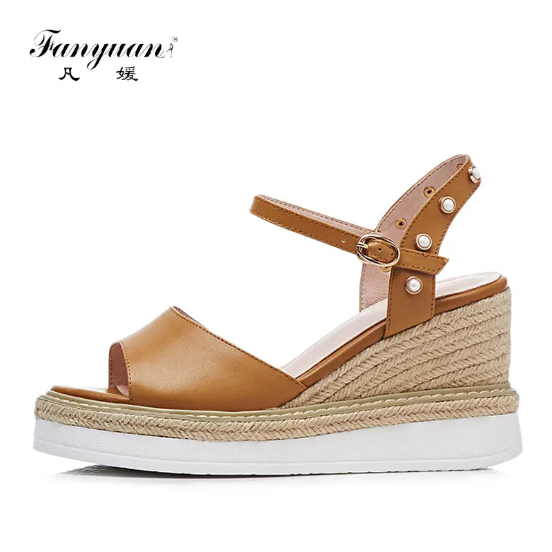 

Fanyuan Handmade Leather Wedge Sandals Summer High Heel Platform Shoes Women Casual Straw Pearl Shoes Woman Sandals Open Toe