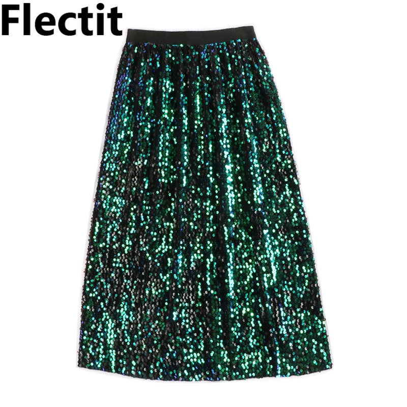 Флисовая темно-зеленая иридиевая синяя блестящая юбка с блестками, Женская юбка средней длины с высокой талией, праздничные вечерние юбки для клуба