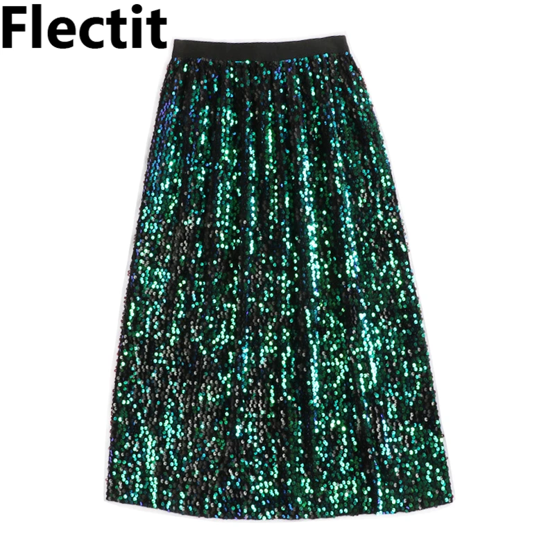 Beste Flectit Donkergroen Iridium Blue Glitter Sequin Rok Vrouwen Hoge Taille Midi Lengte Rok Festival Party Club Rok