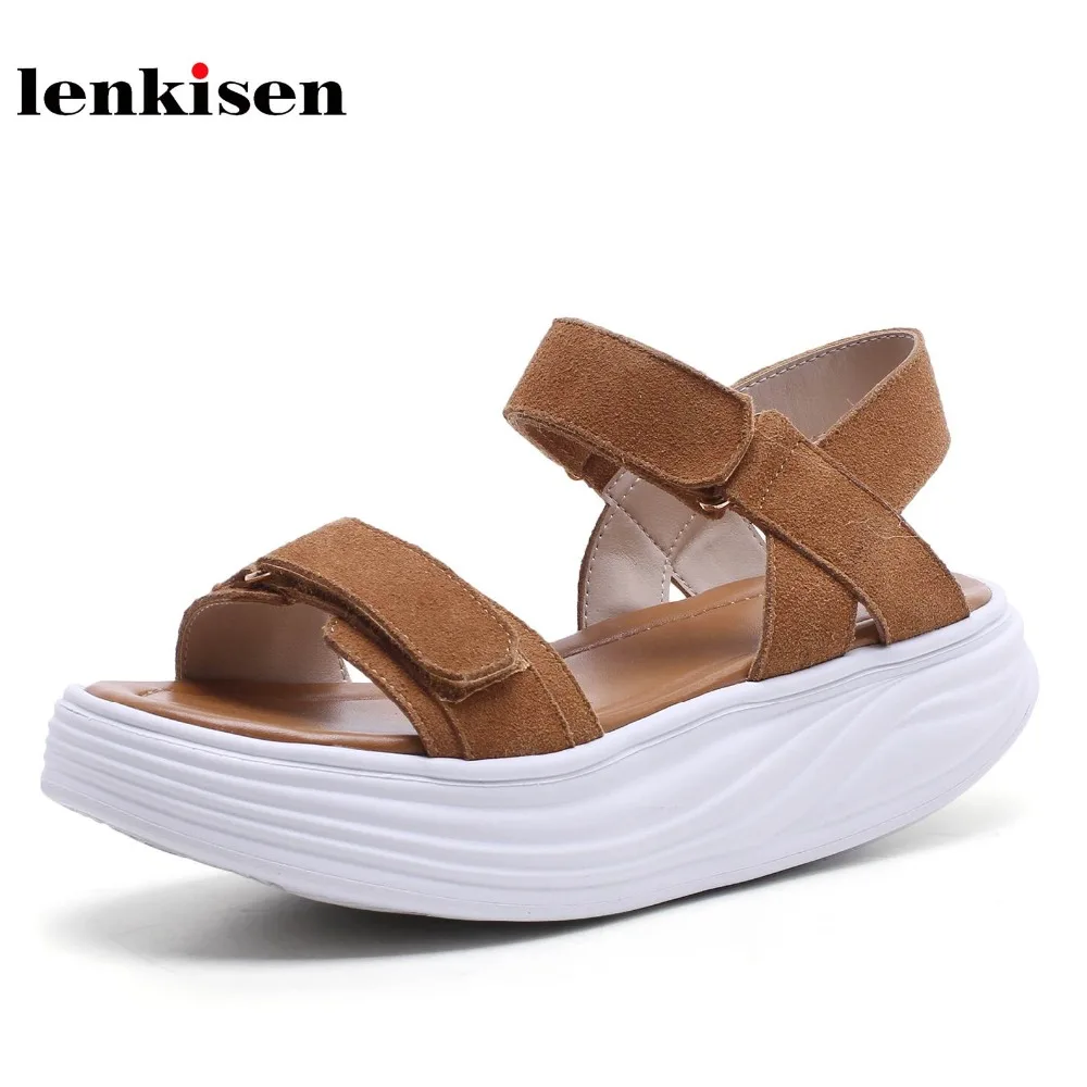 

Lenkisen cow suede peep toe slingback hook&loop high heels cool shoes novelty concise style solid fashion cozy women sandals L16
