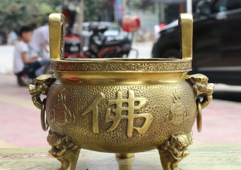 

8" China Buddhism Exquisite Brass Lion Head Statue Tripod Incense Burner Censer