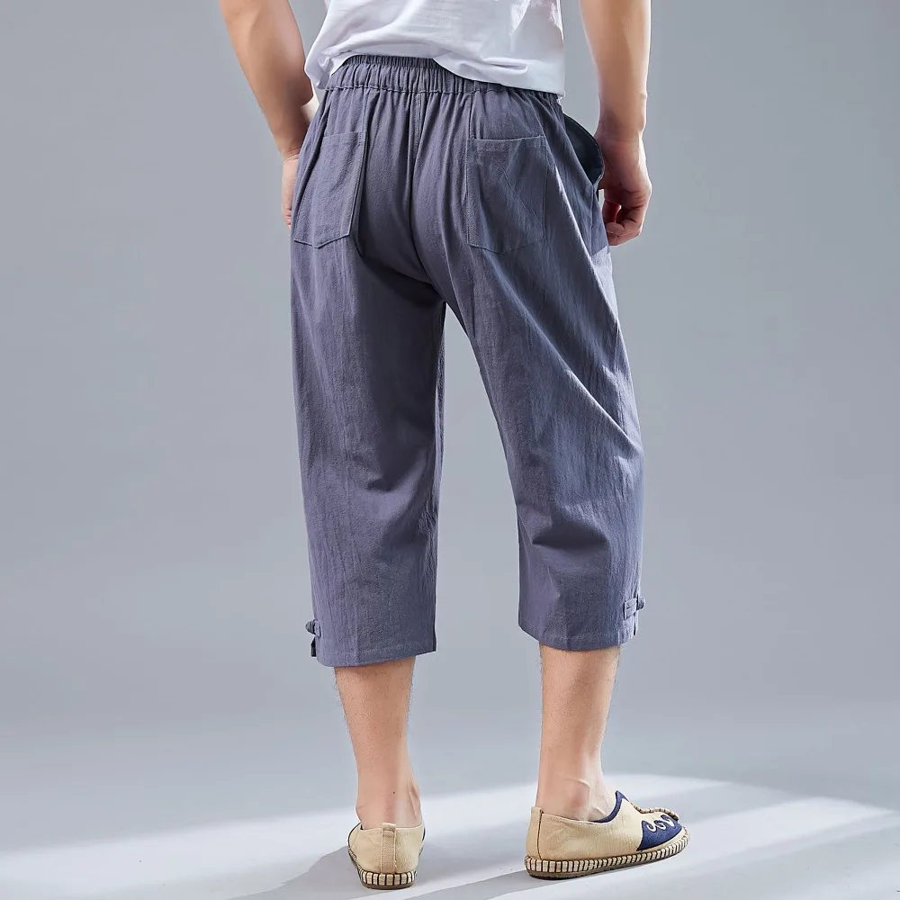 LZJN Men’s Summer 34 Pants Casual Cotton Linen Elastic Waistband Wide Leg Capri Short Bermuda Embroidery Beach Playa Hombre (27)
